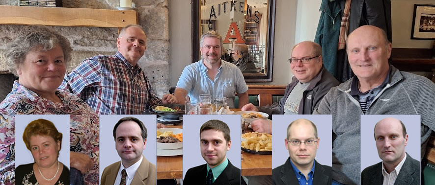 A recent photo of some of the original CAPDMers, together with insert photos of us from (roughly) thirty years ago.
